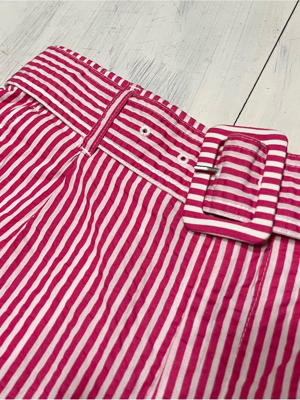 NWT A New Day Pink/White Stripe 100% Cotton Seersucker High Waist Belted Shorts - Picture 4 of 7